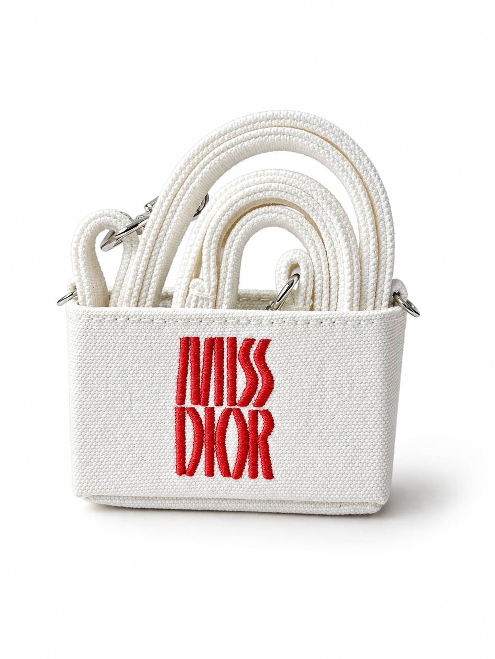 Dior White Canvas Mini Tote with Red 'Miss Dior' Embroidery